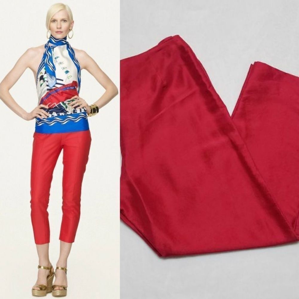 RARE 𝅺Vintage 90s LRL Red Silk Ankle Cropped Extra High Rise Pants